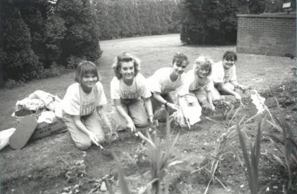 1989 Lifestyle team (Louise Hall, Lucy Cattle, Jill Broadbent, Zoe Clarke, Emma Forster) gardening in North Ferriby car home gardens